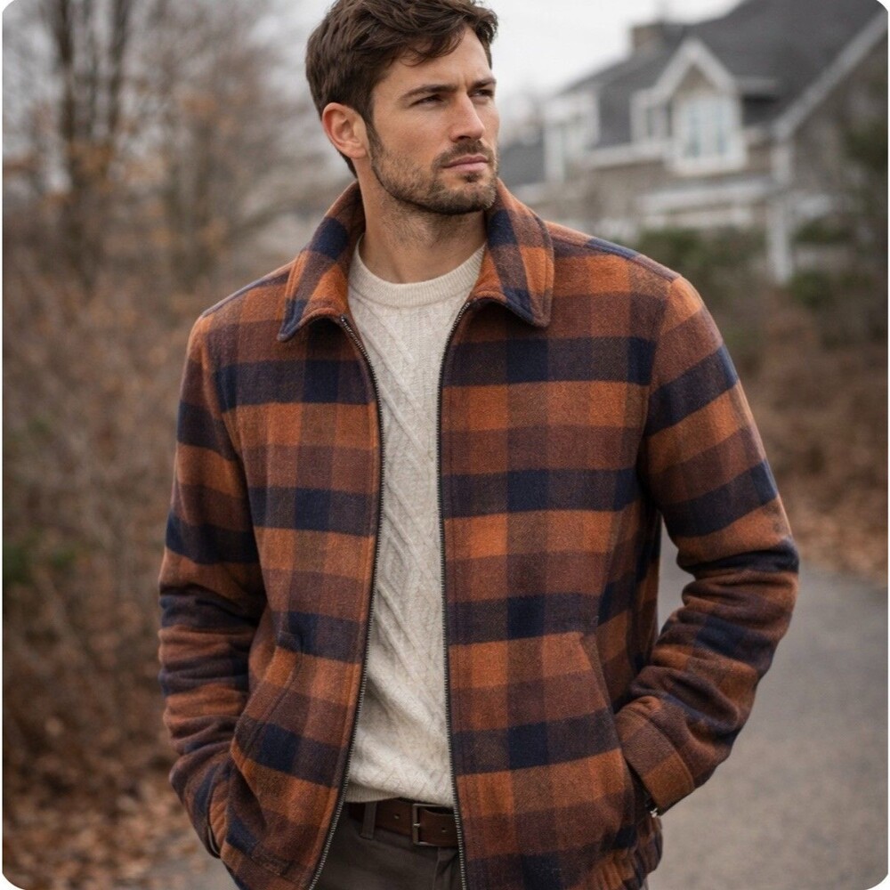 Murano Zip Front Wool Blend Jacket Men's Size XL Orange Blue Check NWT!